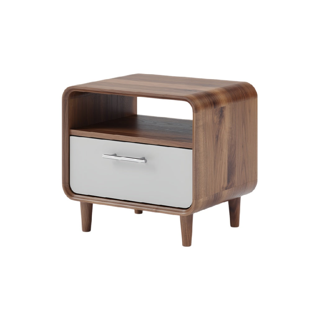 "Modern Wooden Nightstand with Drawer and Open Shelf"