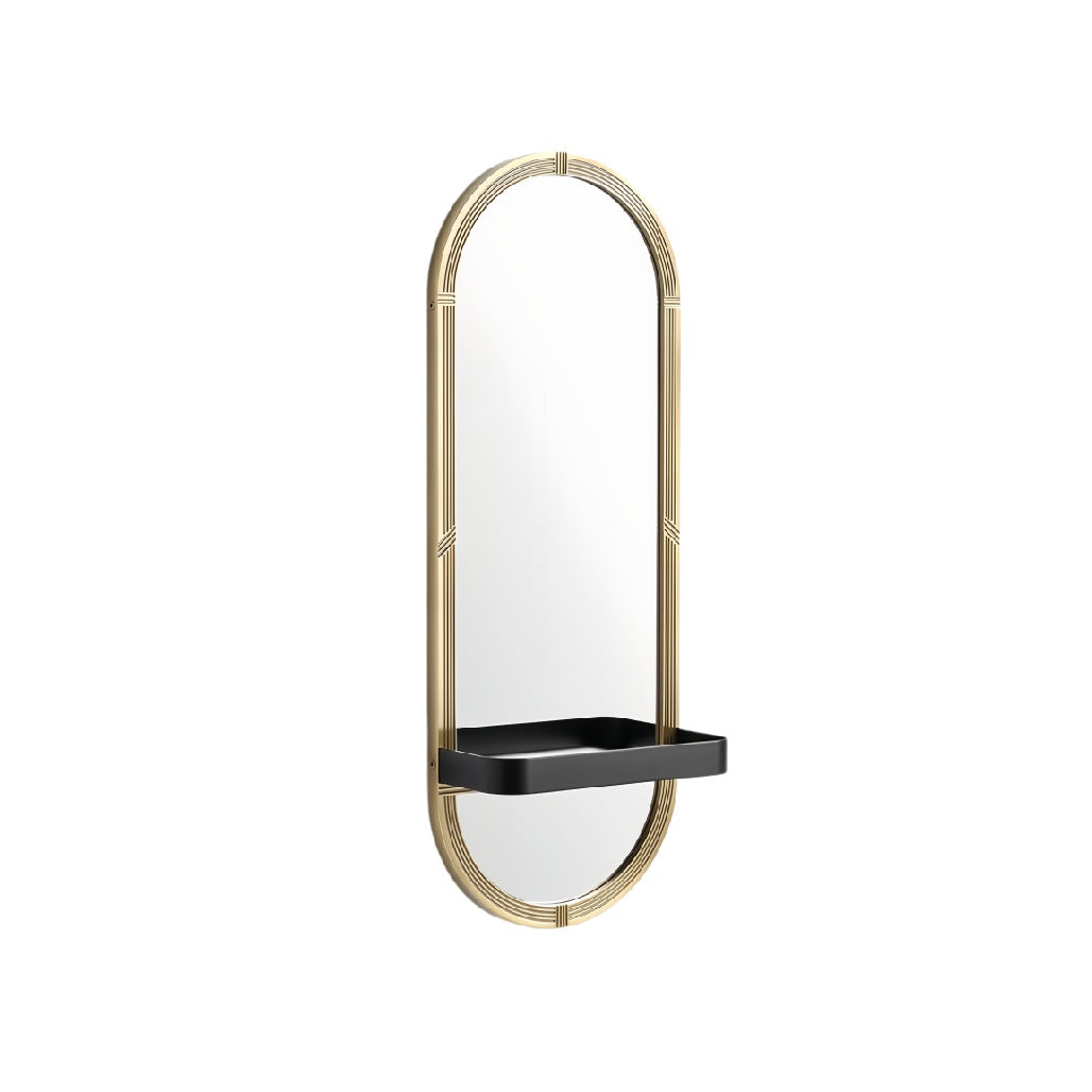 "Elegant Oval Mirror with Shelving: Modern Design and Gold Accents"